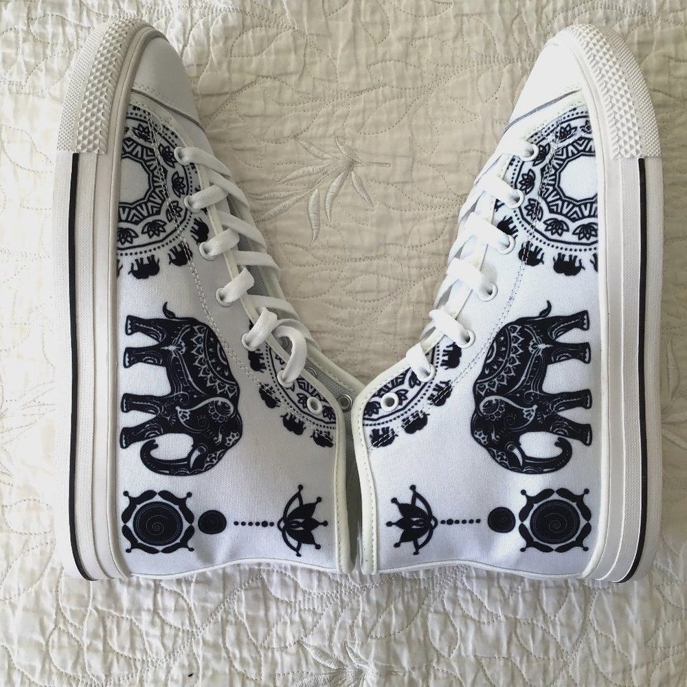 Custom Kicks, Ethnic Elephant White Verson High Tops, Size 7.5, 38